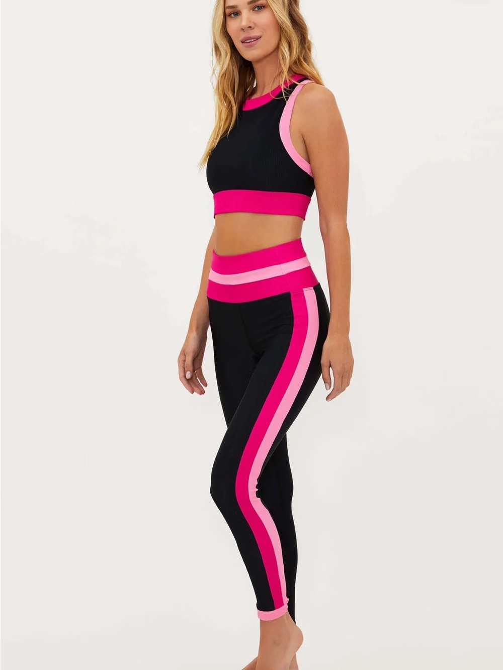 Beach Riot Black Leggings with Hot Pink & Light Pink Stripes